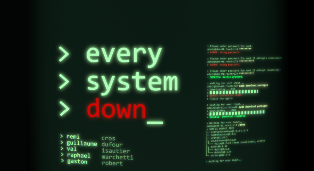 The text Every System Down is written in a console with a caret