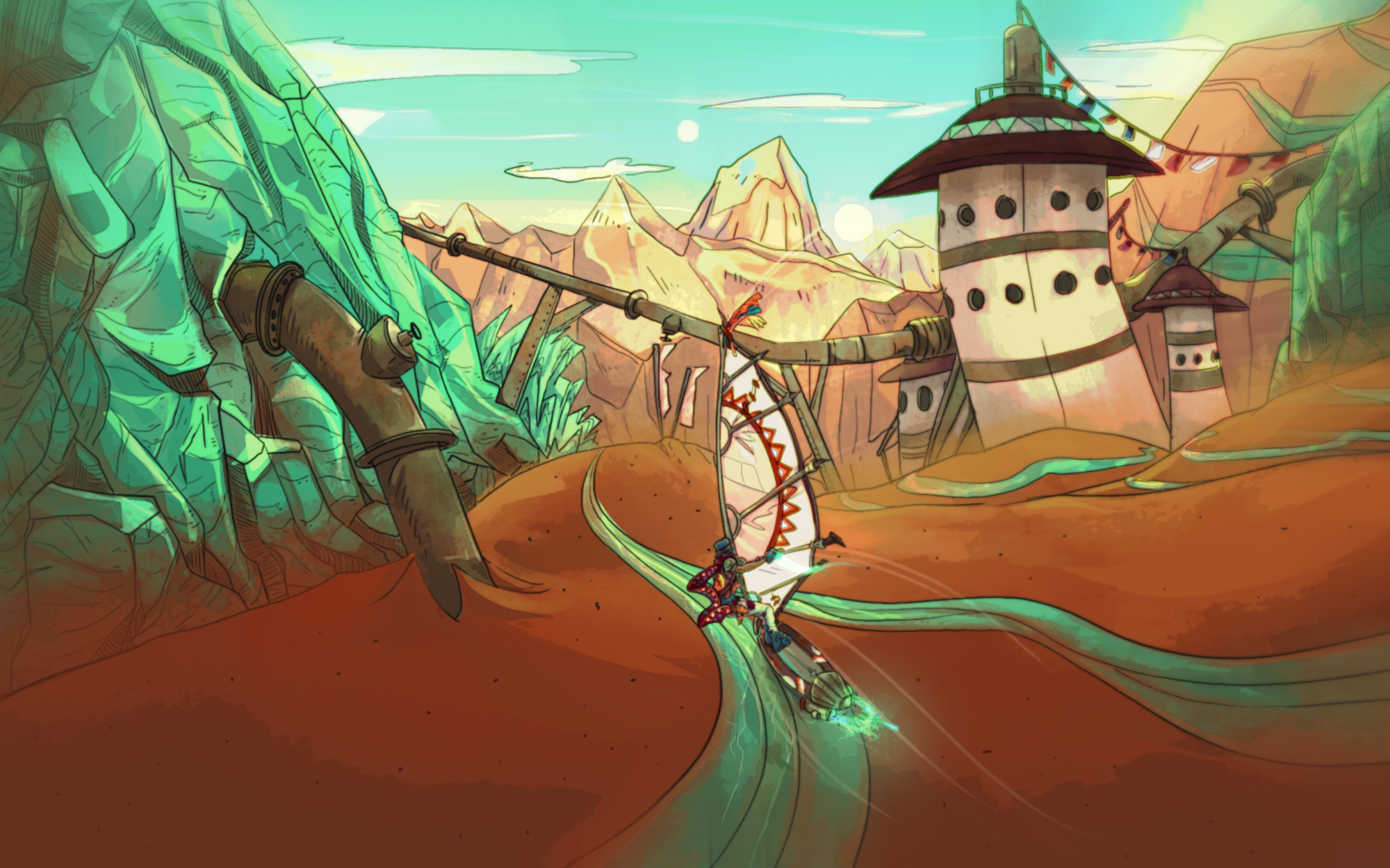 Drawing of a protagonist on a low-tech windsurf, gliding on a jade and red sand mountain.